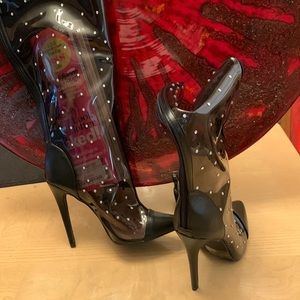 4 inches, lucite, smoky black heeled boots